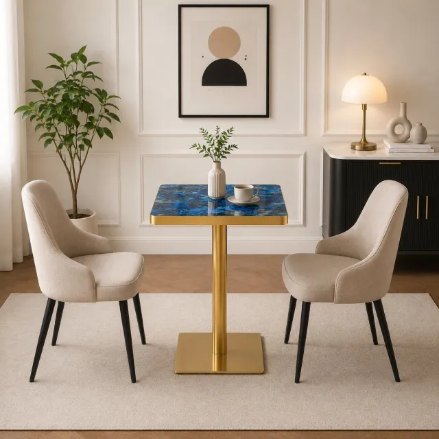 Clruro Eettafel - 60x60x74 cm - Vierkant voor 2-4 Personen - UV-Plaat/Metaal - Marmerlook/Goud