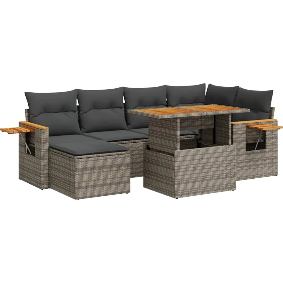 vidaXL 7-delige Loungeset met kussens poly rattan acacia grijs, foto 3