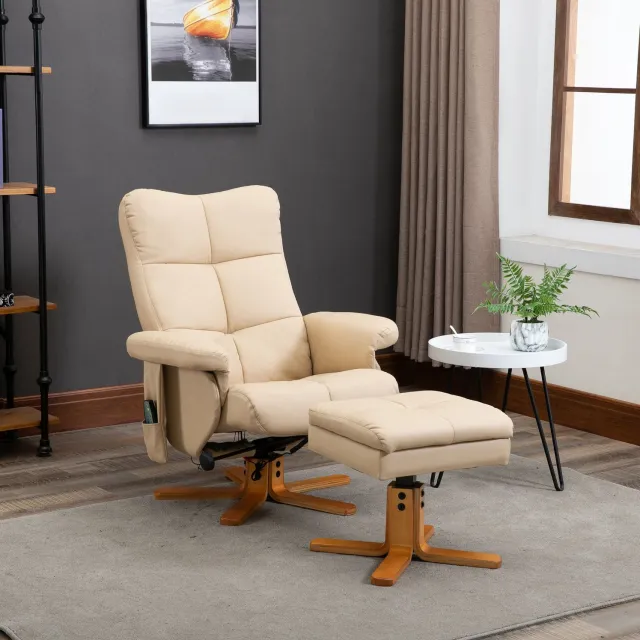 STILVORA Relaxfauteuil 80 x 86 x 99 cm - 10 Massagepunten en 145 Graden Kanteling - Met Voetenbank Voor Woonkamer - Polyester - Crèmewit