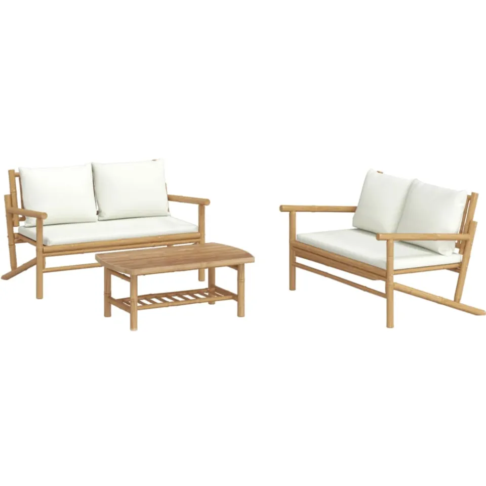 vidaXL 3-delige Loungeset met kussens bamboe crèmewit, foto 3