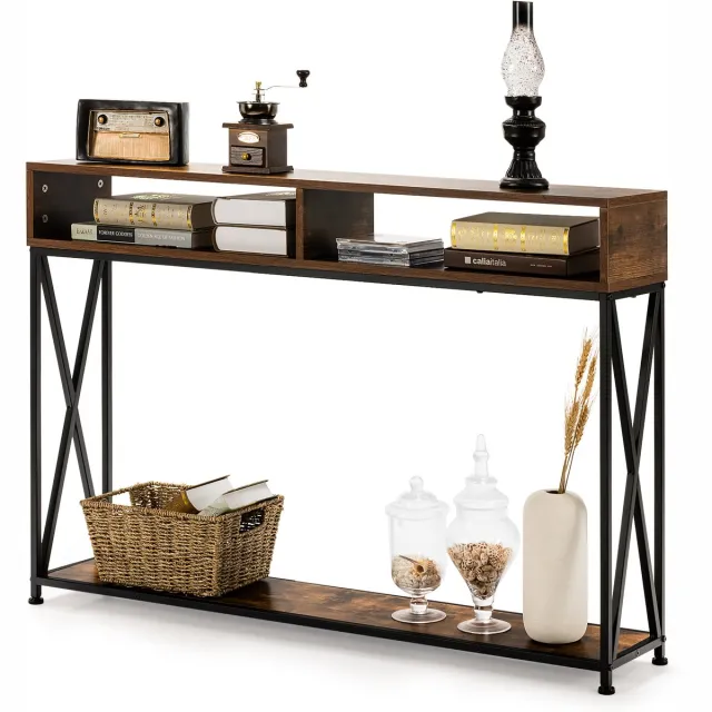 Costway 2 Lagen consoletafel, gangtafel entreetafel met open plank & opbergcompartimenten, stevige stalen frame, verstelbare voeten, anti-kantelen ontwerp, compacte industriële bijzettafel voor woonkamer/entree/gang, 120 x 23 x 79 cm Rustiek Bruin