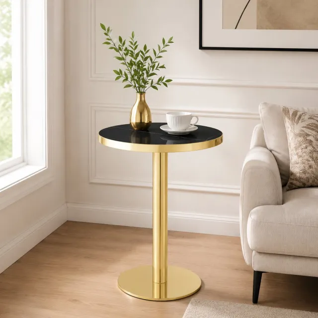 HAUSS SPOLE Bijzettafel - Rond Design Met Marmerlook Blad En Gouden Rvs Onderstel - Voor Woonkamer En Slaapkamer - Zwart Goud - 60x60x73,5 Cm