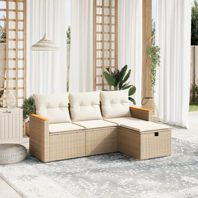 vidaXL 4-delige Loungeset met kussens poly rattan beige, foto 2