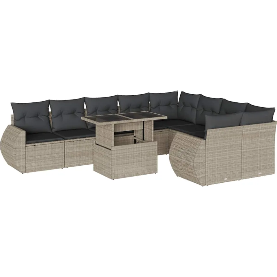 vidaXL 10-delige Loungeset met kussens poly rattan lichtgrijs grijs, foto 3