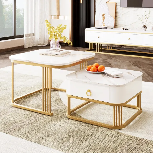 MIVRAY Salontafel - Ineenschuifbaar Met Lade - MDF Met Marmerlook - Wit En Goud