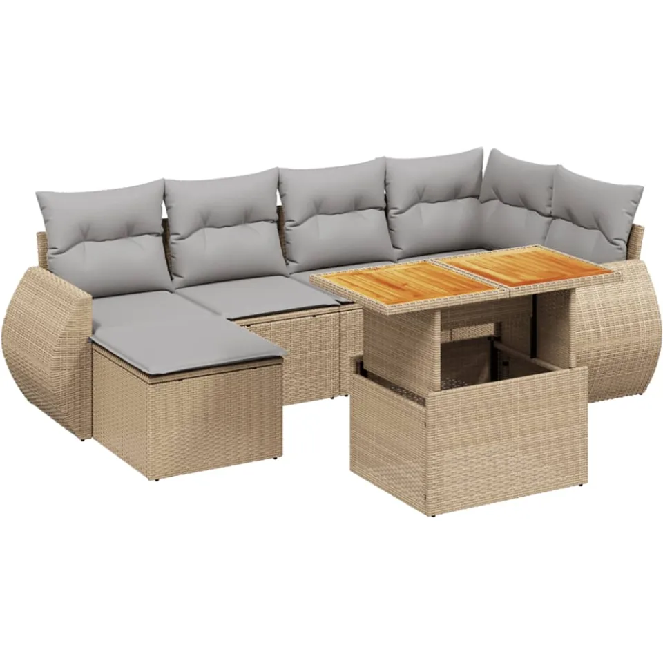 vidaXL 7-delige Loungeset met kussens poly rattan beige