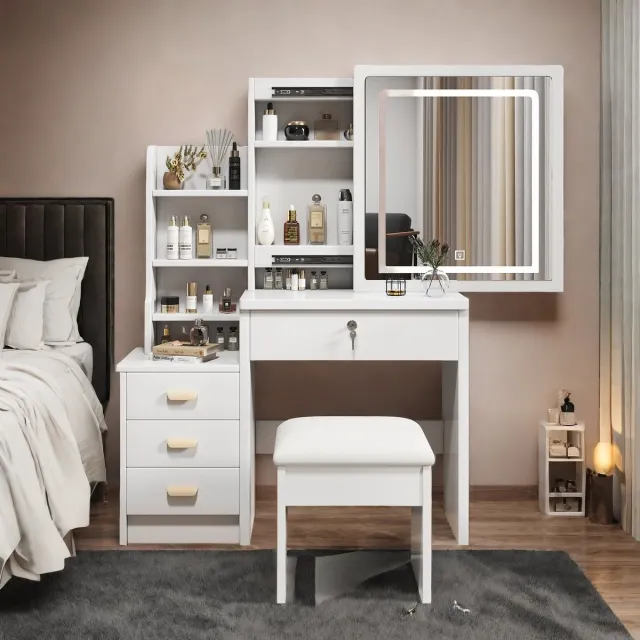 STILVORA Kaptafel 85cm – Grote Spiegel Met Driekleurige Verlichting – Vier Lades En Opbergruimte – Voor Slaapkamer – MDF – Wit