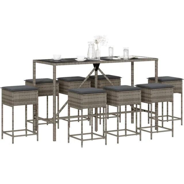 vidaXL 9-delige Tuinbarset met kussens poly rattan grijs