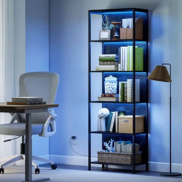 MEUNIQ Boekenkast 5 niveaus met LED-verlichting en 7 lichtkleuren, open kast 60 x 30 x 179 cm, industrieel staand rek voor woonkamer, slaapkamer of kantoor, zwart