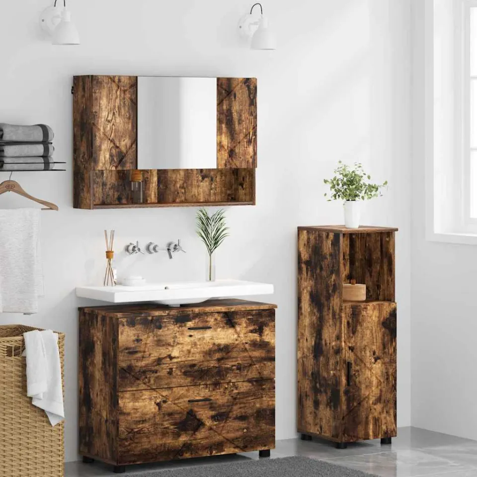vidaXL Badkamermeubelset 3 st Gerookt eiken Bewerkt hout en metaal, foto 3