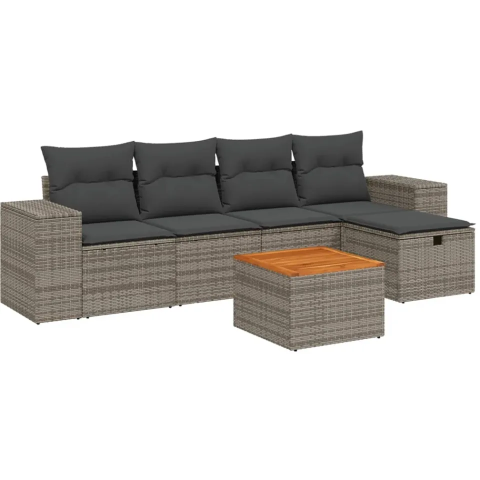 vidaXL 6-delige Loungeset met kussens poly rattan grijs, foto 3