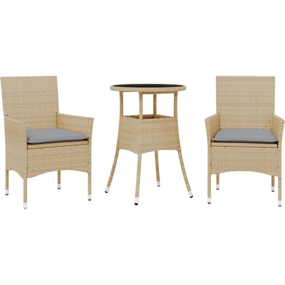 vidaXL 3-delige Tuinset met kussens poly rattan en glas beige, foto 3