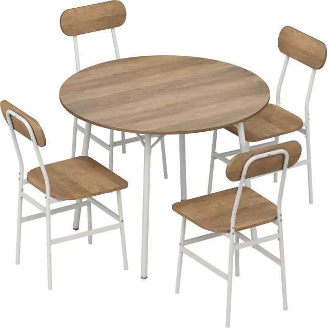 ECTEATOY Eettafel met 4 stoelen - Ronde Keukentafel Ø 100 cm - Ruimtebesparend - Houtlook en Metaal - Naturel Natuurlijk