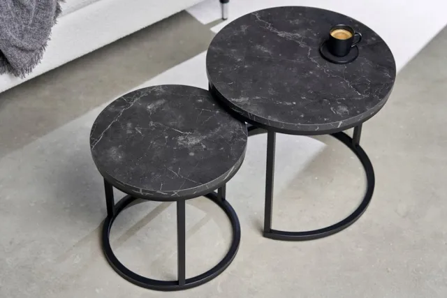 Invicta Interior Set van 2 bijzettafels ELEGANCE 45cm zwart marmeren design metalen frame rond - 43644 Zie omschrijving