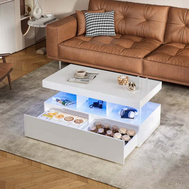 ROSAHQNDA Moderne hoogglans salontafel met ledverlichting en 2 lades - Stijlvolle bijzettafel van 104 x 53 x 46 cm met opbergruimte, rechthoekige salontafel, moderne woonkamertafel, wit, salontafel voor de woonkamer