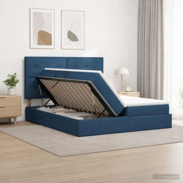 vidaXL Opslag bed met hoofdeinde met opslag Blauw 200 x 200 cm Stof