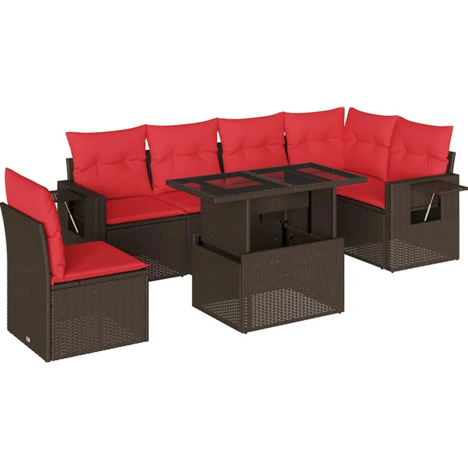 vidaXL 7-delige tuinbankset met kussens, bruin polyrotan