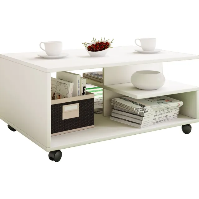Vcm Houten salontafel Sofa-tafel Woonkamertafel Wielen Verrolbaar Salontafel Stango Wit