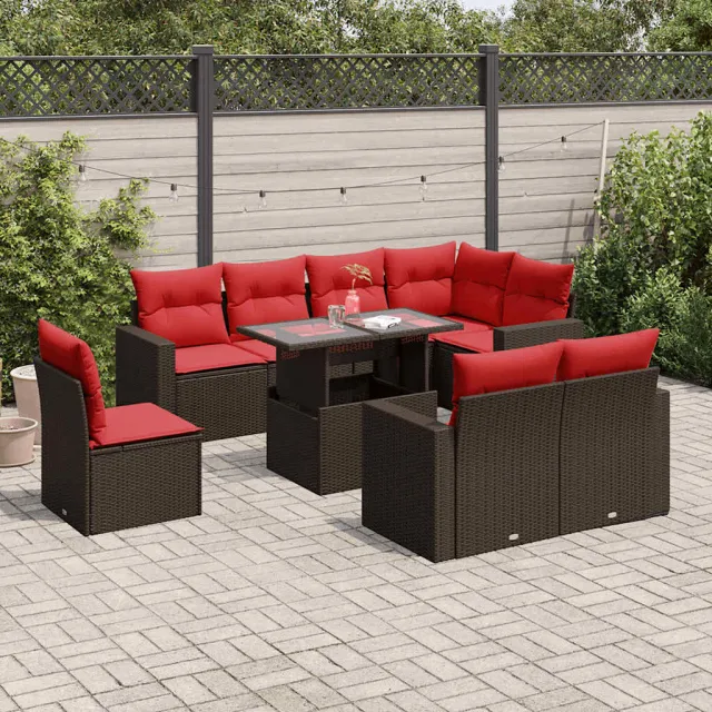 vidaXL 9-delige tuinbankset met kussens, bruin polyrotan, foto 2