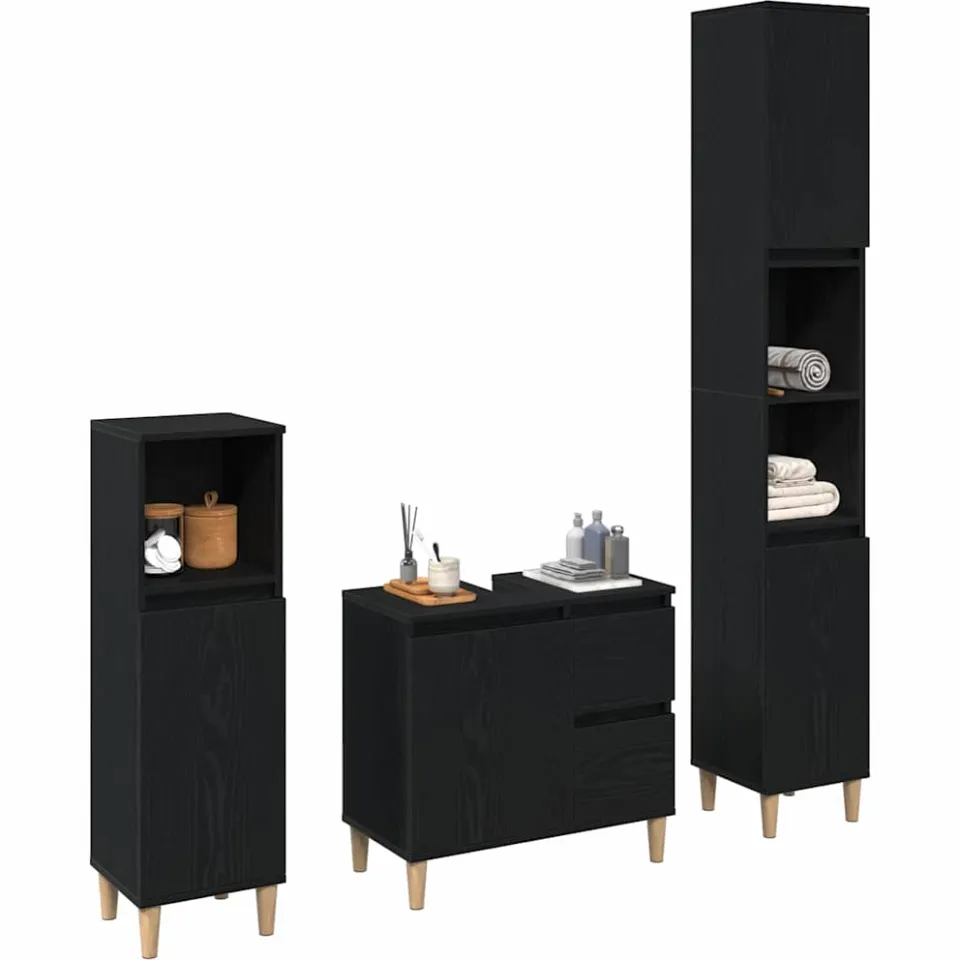 vidaXL Badkamermeubelset 3 st Zwart Eiken 30 x 30 x 180 cm