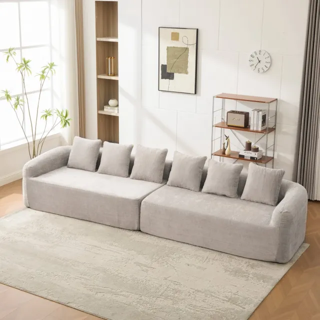 MEUNIQ Modulaire 6-zits zitbank 343 cm met zachte chenille bekleding, 30D schuimvulling, kussens en antislipbodem voor woonkamer, grijs