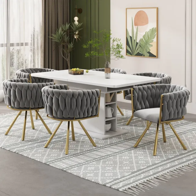 Wishdor Eetkamerstoel set van 6 - 360° draaibaar met armleuningen - Velvet bekleding en metalen vierpoot - Designstijl - Eetkamer woonkamer kantoor - Grijs goud - 72 x 59 x 54 cm
