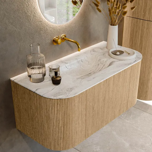 Mondiaz KURVE-DLUX 100 cm Onderkast Greeploos 1 Lade Met Deuren Oak, Wastafel Solid Surface MIdden Glace 0 Kraangaten Zonder Spiegel (KRVGRU100L+R1L2D0KM-Oak/Gla)