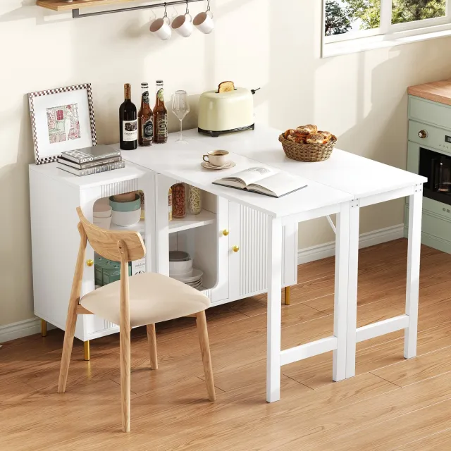 STILVORA Dressoir - Uitklapbare Klaptafel En Uitschuifbaar Werkblad - 2 Schuifdeuren En Lades - Gehard Glas Schuifdeuren - MDF - 116x40x78,5 Cm - Wit