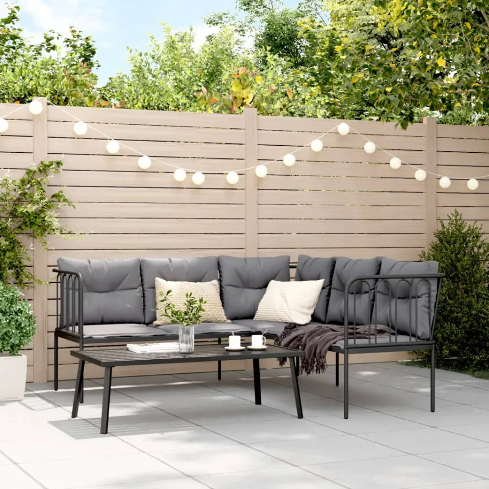 vidaXL Loungeset met kussens staal en textileen zwart, foto 3