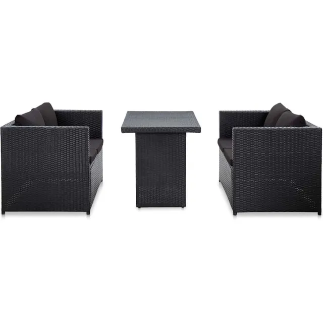 vidaXL 3-delige Loungeset met kussens poly rattan zwart