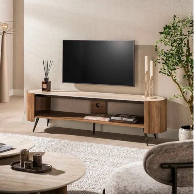 Meubelplaats TV meubel Arcus 180x40x49 cm - Travertin keramiek - Japandi Beige