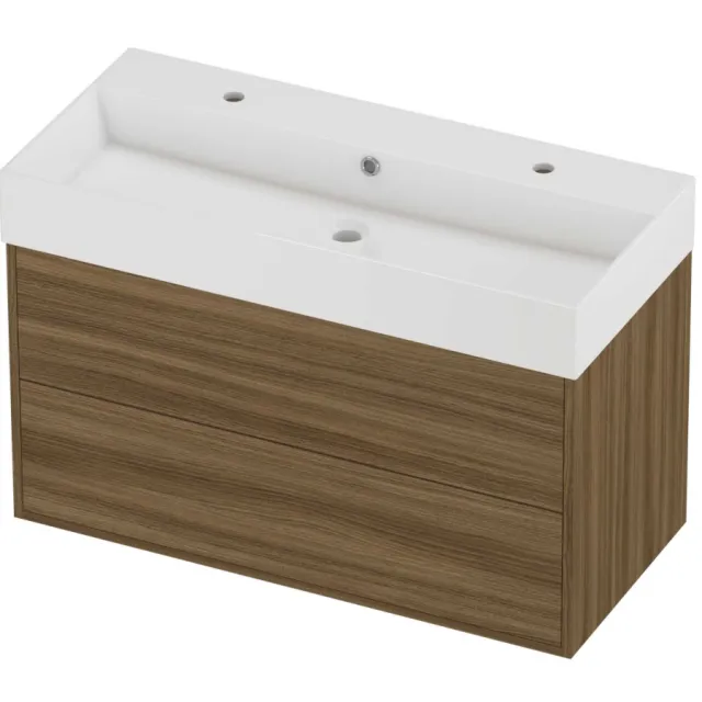 Proline Zara Badmeubelset Porselein Loft 2 Gaten 100x46x65 cm Glans Wit Caramel Walnut Houtlook