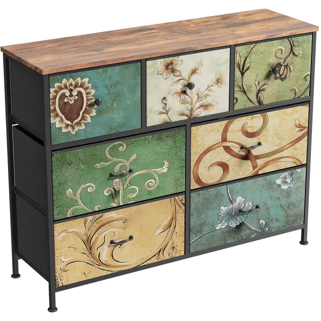 VIEMAE Ladekast - Ladenkastje - Dressoir - Opbergkast - Bloemen - 7 lades - Metalen frame, stoffen lades, houten blad - 100x30x78cm Meerkleurig