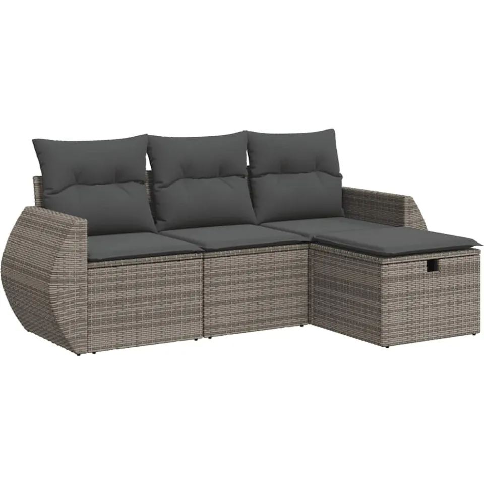 vidaXL 4-delige Loungeset met kussens poly rattan grijs, foto 3