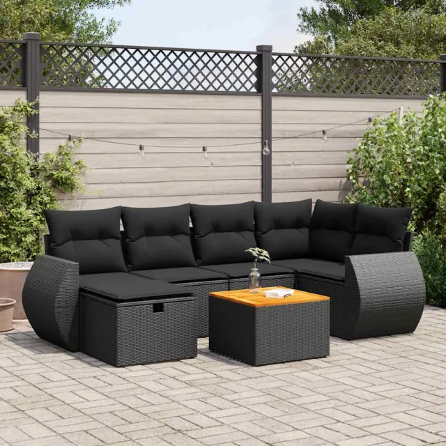 vidaXL 7-delige Loungeset met kussens poly rattan zwart, foto 2
