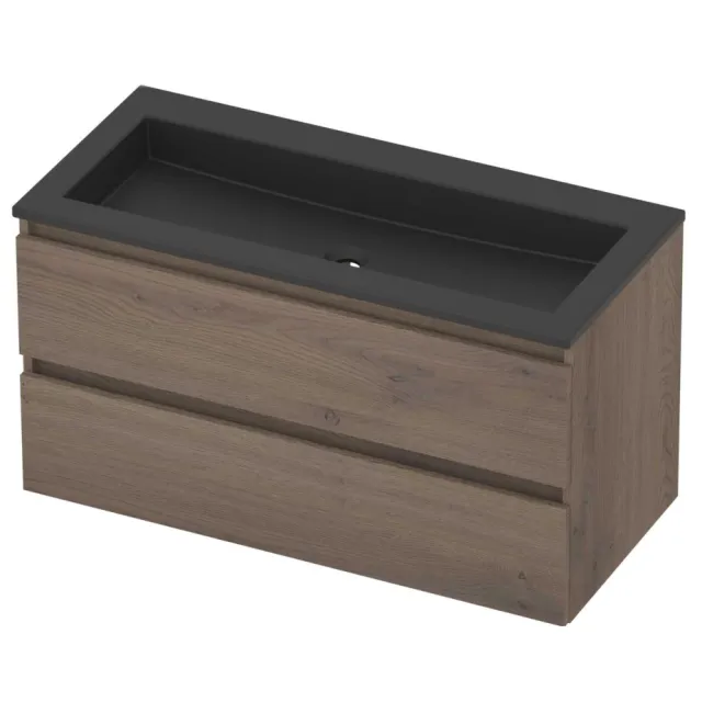 Basic-Line Aura 46 Badmeubelset Acryl Zonder Kraangat Greeploos 100x46x54 cm Dusk Oak Mat Zwart