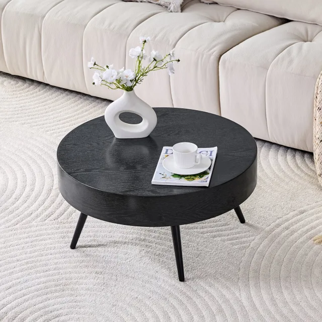 CHICFURN Salontafel - Compact formaat - Rond ontwerp - Vier metalen poten - Zwart