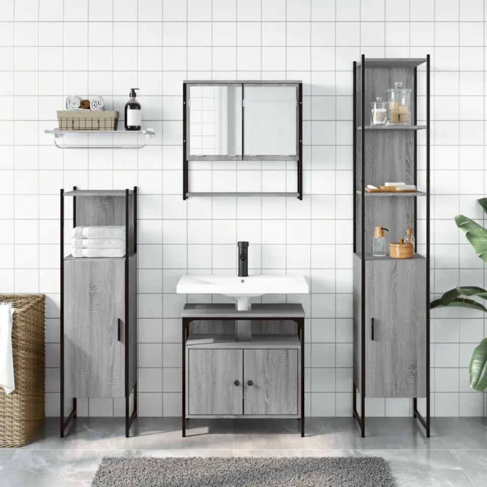 vidaXL 4-delige Badkamermeubelset bewerkt hout grijs sonoma eikenkleur, foto 2