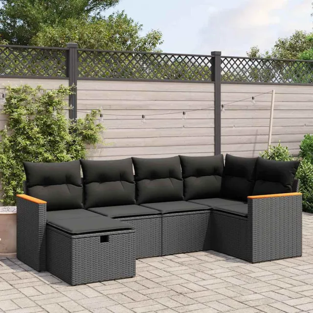 vidaXL 6-delige Loungeset met kussens poly rattan zwart, foto 2