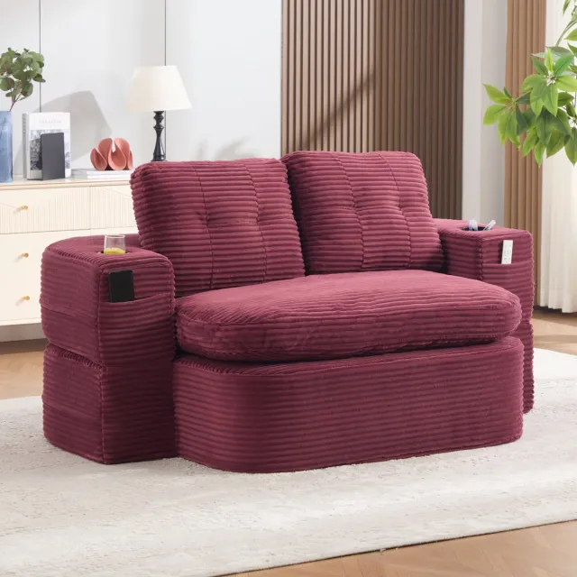 Wishdor Slaapbank - 2-in-1 ligfunctie - met bekerhouders en zijvakken - retro vintage - woonkamer of logeerkamer - cordstof - wijnrood - 165 x 61 cm