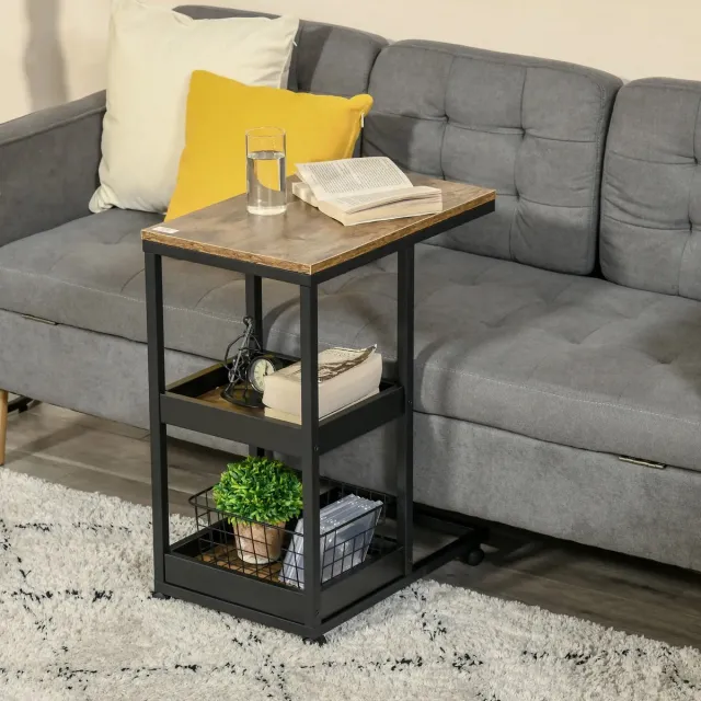 Pugsdrly Bijzettafel met wieltjes voor bank of bed, industriële stijl, staal en hout, bruin en zwart
