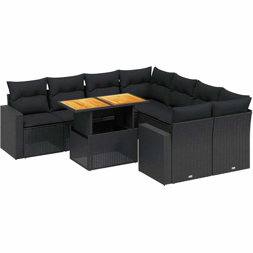 vidaXL 9-delige Loungeset met kussens poly rattan zwart, foto 3