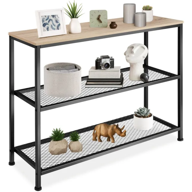 Tectake Consoletafel van hout en metaal - Slanke haltafel - 2 roosterplanken - Perfect voor hal of woonkamer - Industrieel design - Zwart metalen frame - Afmeting (LxBxH) 100 x 30 x 81 cm - Lichtbruin