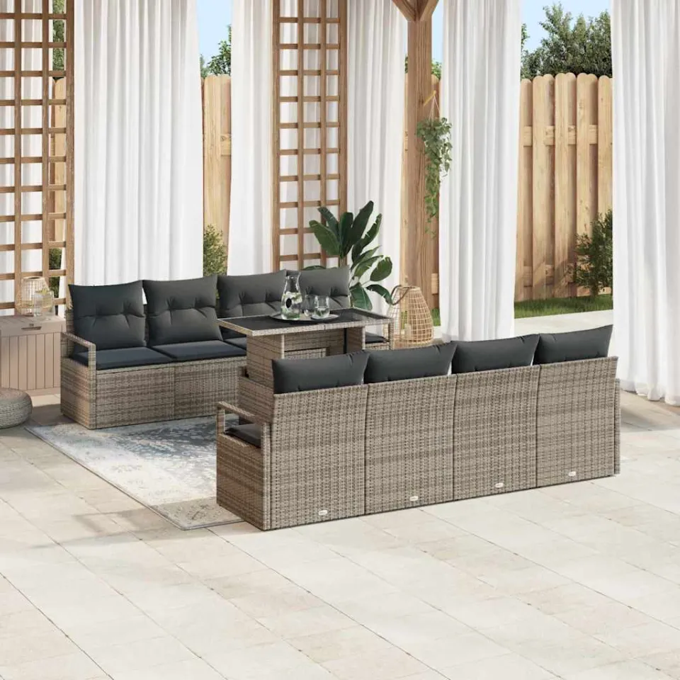 vidaXL Tuin Sofa Set 9 st Grijs Poly riet, foto 3