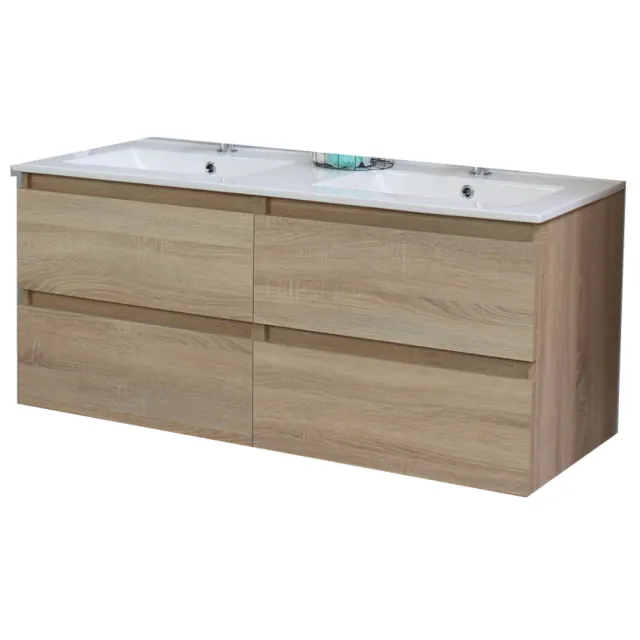 Boss & Wessing Badkamermeubel BWS Pepper Wastafel Porselein Twee Kraangaten 120x55x46 cm Eiken