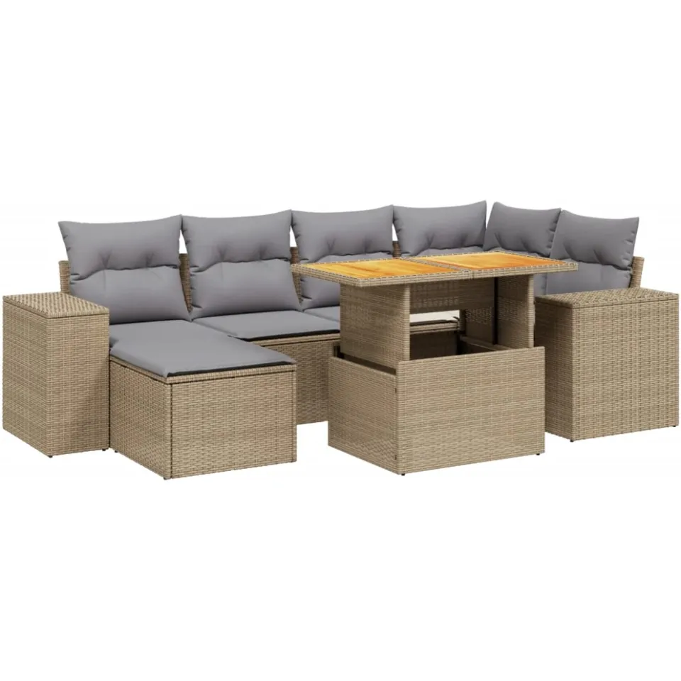 vidaXL 7-delige Loungeset met kussens poly rattan beige, foto 3