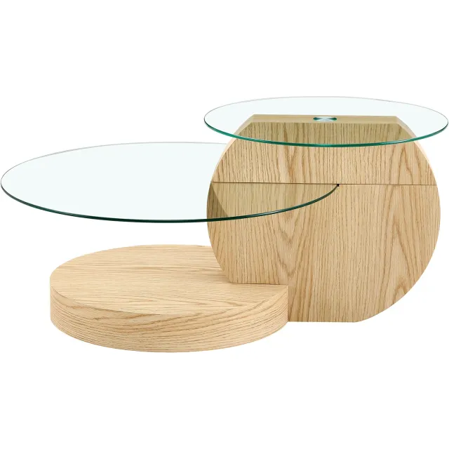 SONNENH Asymmetrische salontafel met 2 glazen bladen en MDF-basis - Lichte houtlook - 90 x 70 cm Lichte houtlook en transparant