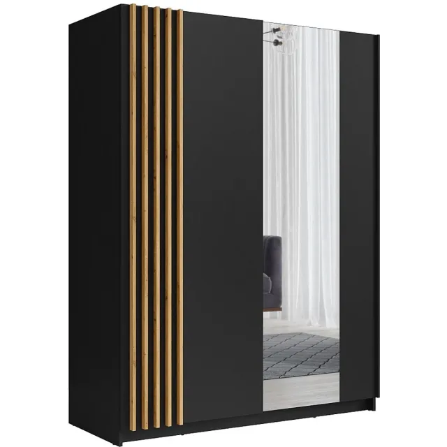 Vente-unique Kast met 2 schuifdeuren - Met spiegel - L200 cm - Zwart en houteffect - CALELA