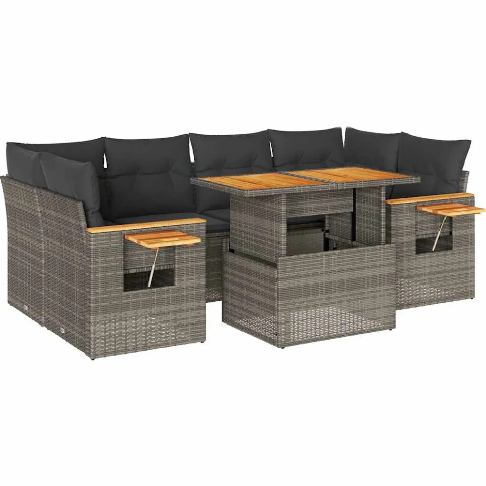 vidaXL 7-delige Loungeset met kussens poly rattan acacia grijs, foto 3