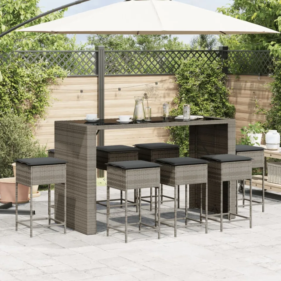 vidaXL 9-delige Tuinbarset met kussens poly rattan grijs, foto 3